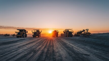 Fototapeta premium Silhouettes of heavy machinery at sunrise on a dusty road.