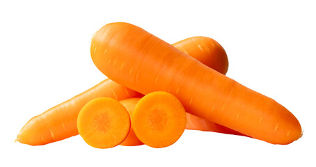 Side view of three fresh orange carrot roots with slices in circles in stack isolated with clipping path in png file format
