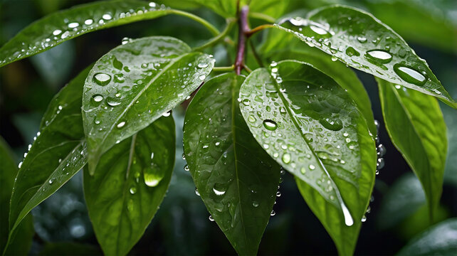 Fresh Tropical Green Leaves with Rainwater Droplets, Rain Drops on Green Leaves, Fresh Leaves with Water, Closeup Leaf with Raindrops, Water Beads on Leaf, Leaf Texture with Dew