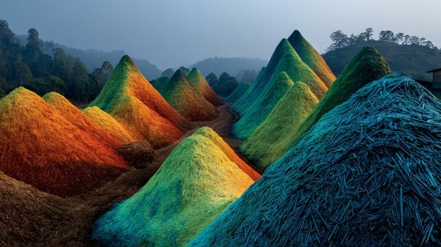 Industrial drone shot mapping bio-stack piles with thermal imaging overlay showing temperature gradients across eco-pile mounds of wood chips, straw, and husk material for operational analysis