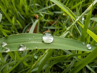 Macro view of a dew drop resting delicately on a grass blade, reflecting light and revealing intricate details of its surface, symbolizing the elegance of nature's simplicity.