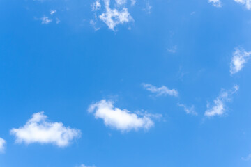 Low angle view and full frame of beautiful blue sky with strange shape of white fluffy clouds in the morning or afternoon  on sunny day used as natural background texture in decorative art work