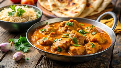 Closeup of Buttery Chicken Curry Served with Garlic Naan