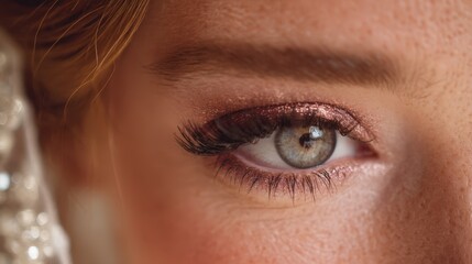 Obraz premium Close up of a Woman's Eye with Rose Gold Makeup and Long Eyelashes Beautiful Eye Makeup and Skincare