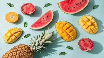 Creative layout made of tropical fruits on blue background. Flat lay, top view