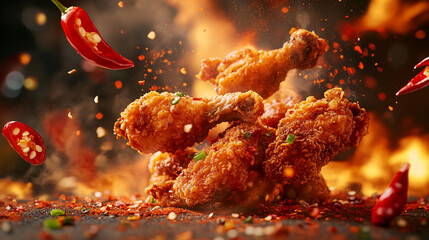Spicy fried chicken with chili peppers, fresh