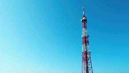 Obraz premium Tall broadcast tower against a clear blue sky, antennas reaching towards the heavens , radio, wireless communication