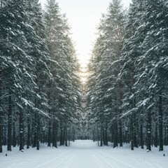 Snowy Path Through a Tranquil Pine Forest in Winter