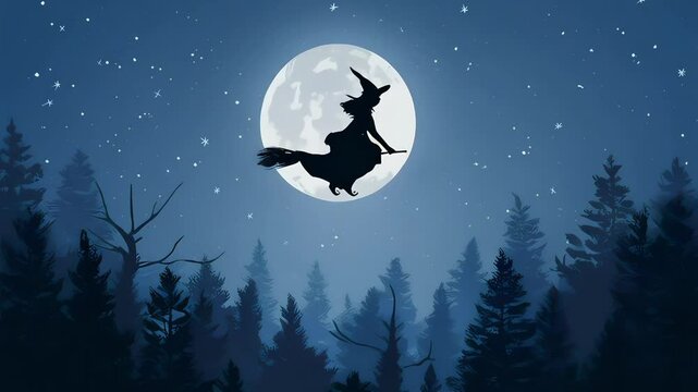 Halloween illustration of a witch flying on a broom through forest in a full moon light