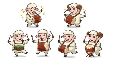 Cute Sheep Playing Drums Cartoon Eid Al Adha Illustration