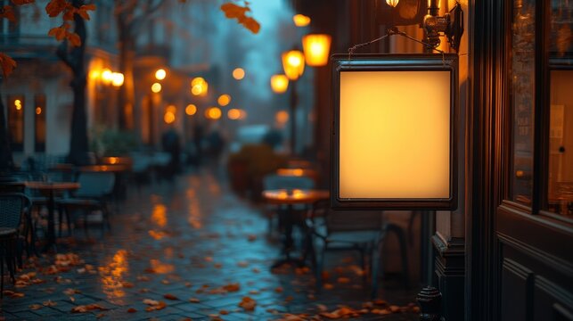 Empty cafe signboard in rainy European evening