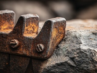 Close-up view of rusty metal parts against a rock.