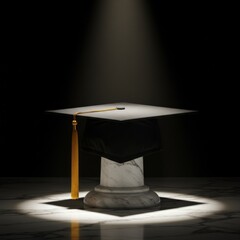 Black Graduation Cap on Marble Column with Spotlight