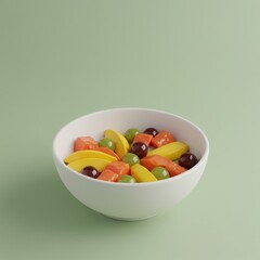 Colorful Fruit Salad in White Bowl on Green Background