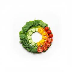 Colorful Vegetable Circle: Fresh Spinach, Cucumber, Kale, Carrot, and Tomato Slices on
