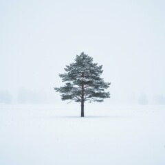 Solitary Pine Tree in Snowy Field Winter Landscape