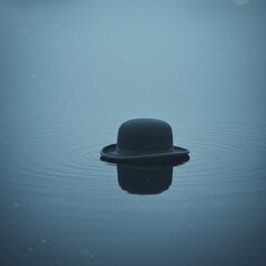 Black Bowler Hat Floating on Calm Blue Water