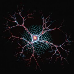 Microscopic Neuron Cell Structure with Red and Blue Filaments