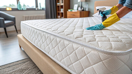 Cleaning mattress with spray and gloves in cozy bedroom