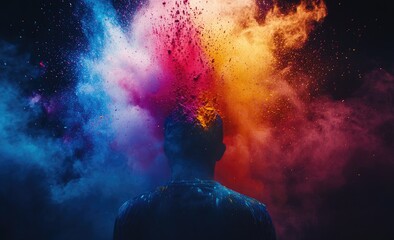 Colorful powder explosion surrounds a person