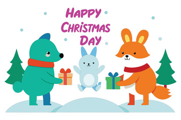 Cute Cartoon Animals Exchanging Gifts in Snowy Woods – Children's Christmas Illustration on White Background.