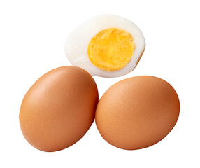 Top view of raw brown chicken eggs and cooked or boiled chicken egg with egg yolk in half isolated with clipping path in png file format
