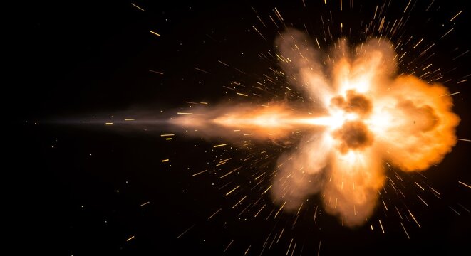 Vivid muzzle flash captured in darkness, dynamic explosion of energy on display