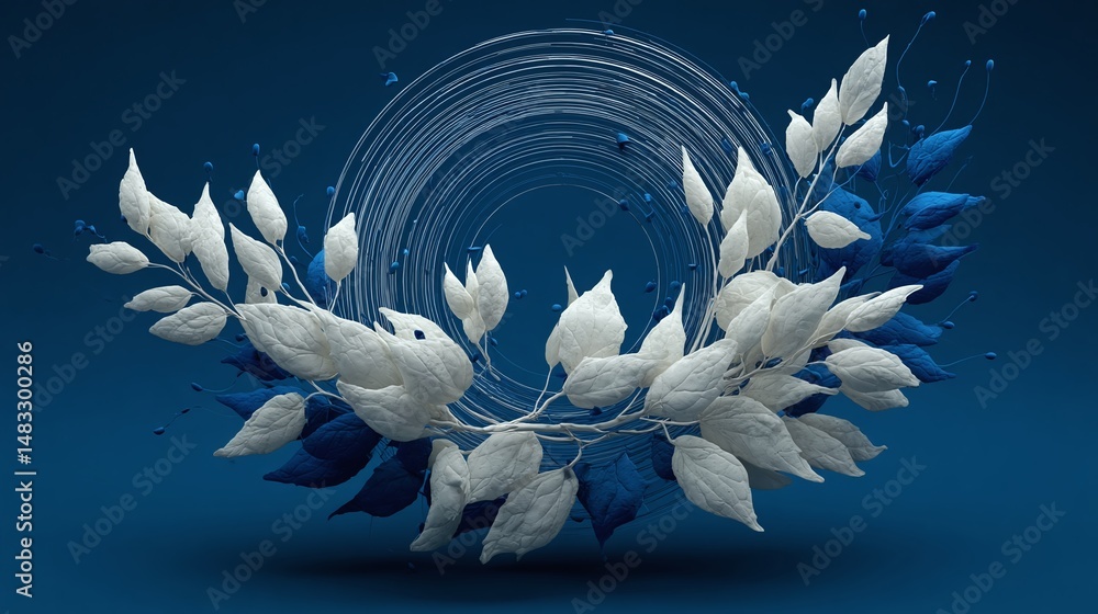 Aufkleber abstract art design with white branches arranged in circle against blue backdrop. minimalist illustr