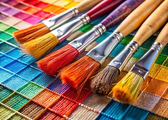 Obraz premium Closeup of Colorful Paintbrushes with Paint on a Dark Surface