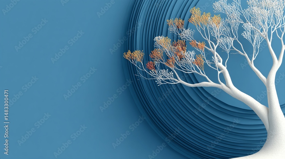 Aufkleber abstract art design with white branches arranged in circle against blue backdrop. minimalist illustr