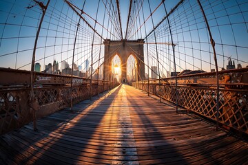 Fototapeta premium Iconic Brooklyn Bridge Arches Framing Sunlight and New York City Skyline At Dawn
