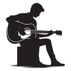 silhouette of a person playing guitar, simple black and white editable vector