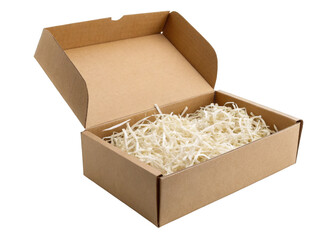  Open box with shredded paper filling isolated on a transparent background