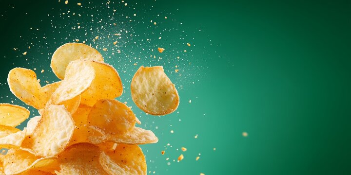 Potato chips falling against green background with salt and crumb particles. Crispy golden snack food captured in dynamic motion. Banner with copy space for snack advertisement and food packaging