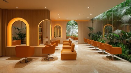 Modern, luxurious hair salon with a warm aesthetic.  Spacious styling stations, natural light, and tropical plants