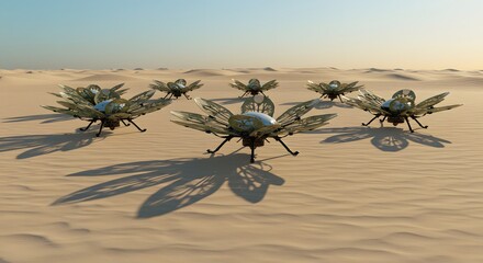 A group of futuristic insect like drones standing on a sandy desert landscape scene view