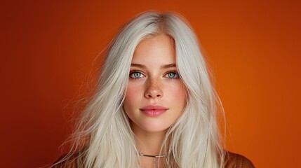 Fototapeta premium Beautiful young woman with long white hair on orange background. Portrait of pretty caucasian female with perfect skin, makeup, blue eyes. Beauty, skincare, wellness concept.