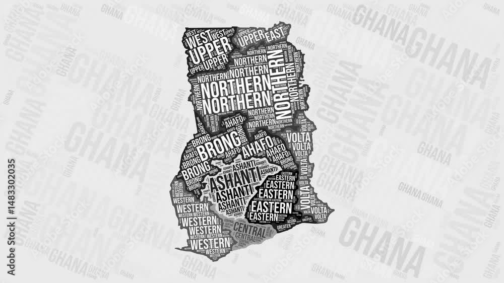 Poster ghana animation. visual effect of ghana regions appearing in black and white word clouds style. coun