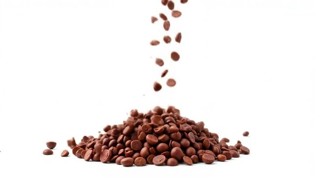 Chocolate drops falling onto a pile against a white background  