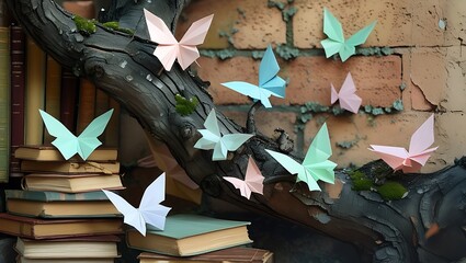 Pastel Origami Butterflies on a Tree with Books Against a Brick Wall