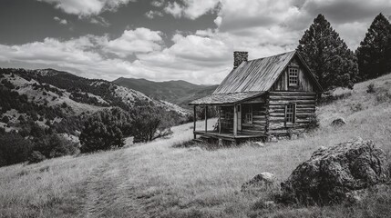Obraz premium Black, white photo of old wooden cabin, historic dwelling nestled on hillside. Rural mountain scenery, traditional architecture, vintage style. Rustic, aged buildings. Atmosphere of nostalgia
