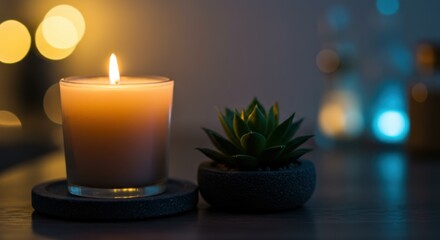 Candlelight still life representing serenity and relaxation with succulent plant and soft bokeh