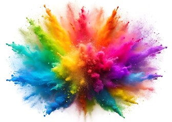 Fototapeta premium Rainbow dust powder explosion. Dynamic blast eruption, vibrant colorful effect, lgbt, party, celebration, festival, color run element isolated on white background