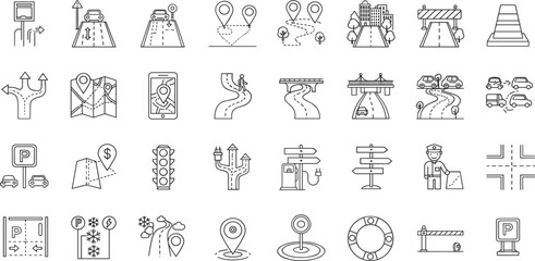 Road Line Editable Icons set. Vector illustration in modern thin line style of traffic related icons: GPS navigation, road junction, highway, distribution, and more