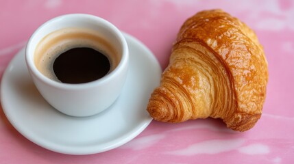 Coffee with croissant, steaming cup of rich espresso beside a flaky golden croissant on a pink table, inviting breakfast scene.