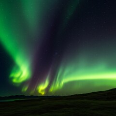 Vibrant Green and Purple Aurora Borealis over Dark Landscape