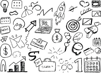 Hand-drawn business and startup doodles, sketch icons for entrepreneurship, marketing strategy, brainstorming, finance presentations, teamwork concepts, office planning visuals