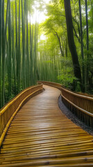 Obraz premium Serene Bamboo Forest Pathway with Wooden Walkway Surrounded by Tall Green Stalks, Perfect for Tranquil Exploration