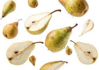 Pears falling mid-air isolated on a transparent background.