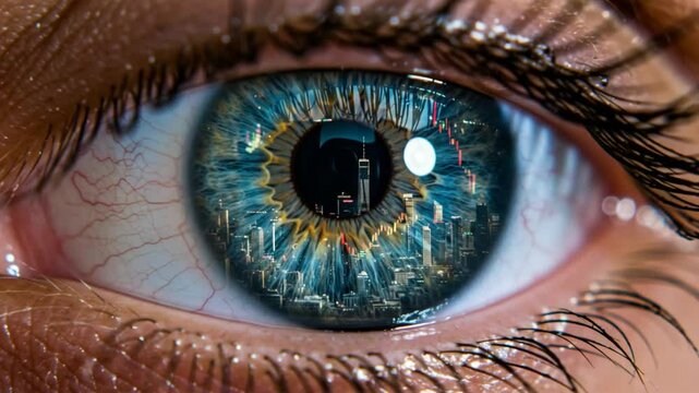 Eye reflecting cityscape with building and stock chart concept image